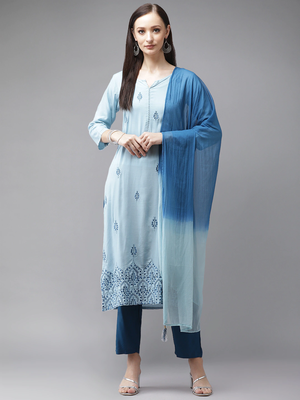 Sky-blue embroidered rayon kurta-suits 3