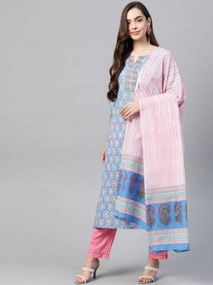 Blue printed cotton kurti-trouser 1