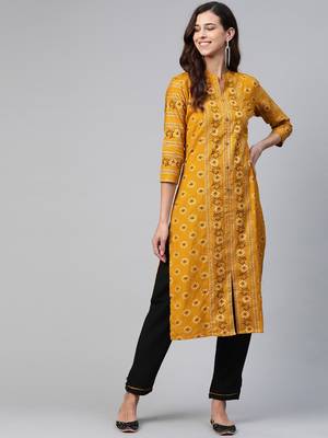 Mustard printed cotton kurti-trouser 1