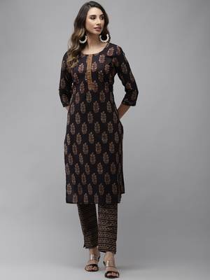 Navy-blue printed cotton kurti-trouser 1