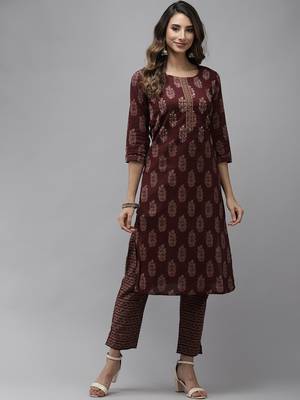 Maroon printed cotton kurti-trouser 1
