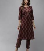 Maroon printed cotton kurti-trouser