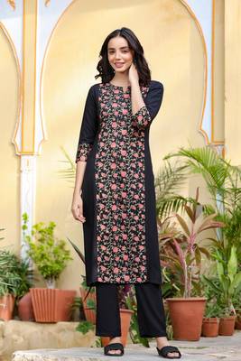Black printed rayon kurti-trouser 1