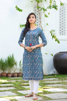 Blue printed cotton kurti-trouser 1