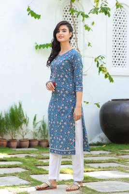 Blue printed cotton kurti-trouser 3