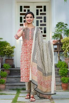 Beige printed cotton kurta-suits 1