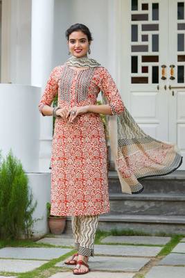 Beige printed cotton kurta-suits 2
