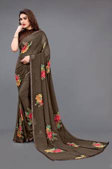 Brown printed georgette saree with blouse