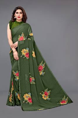 Dark green printed georgette saree with blouse 1