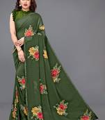Dark green printed georgette saree with blouse