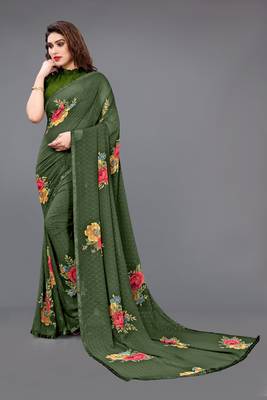 Dark green printed georgette saree with blouse 2