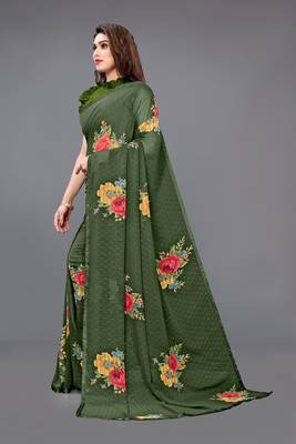 Dark green printed georgette saree with blouse 3