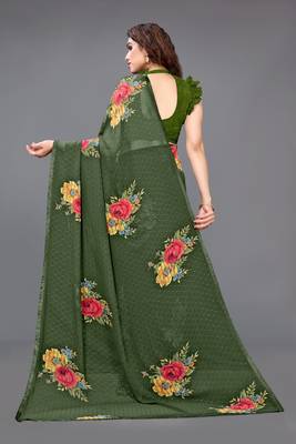 Dark green printed georgette saree with blouse 4