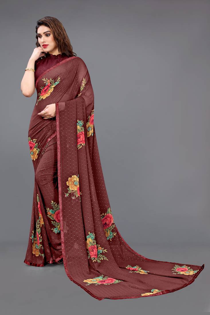Maroon printed georgette saree with blouse