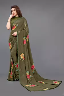 Green printed georgette saree with blouse
