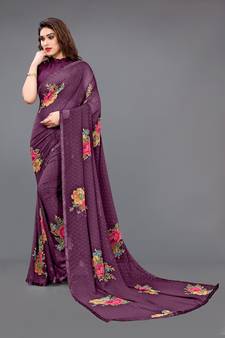 Wine Printed Georgette Saree With Blouse