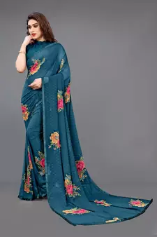 Turquoise printed georgette saree with blouse