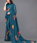 Turquoise printed georgette saree with blouse