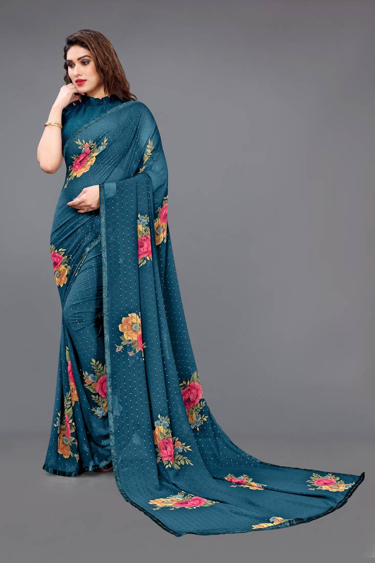 Turquoise printed georgette saree with blouse