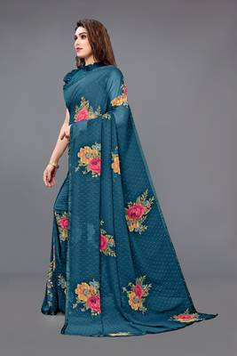 Turquoise printed georgette saree with blouse 2