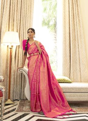 Pink woven silk saree with blouse 1