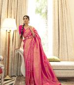 Pink woven silk saree with blouse