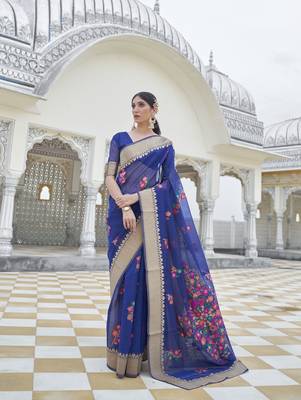 Blue woven linen saree with blouse 1