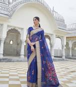 Blue woven linen saree with blouse