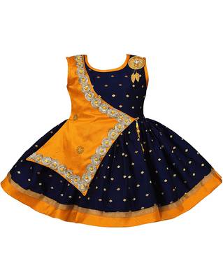 Orange printed silk kids-frocks 1