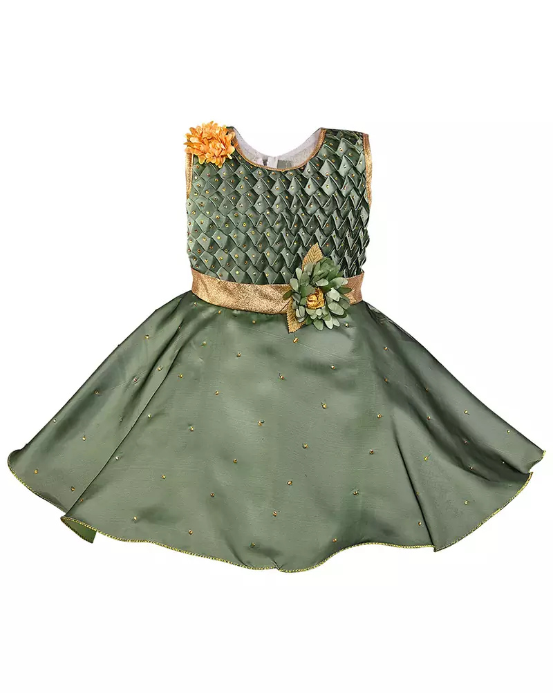 Green printed polyester kids-frocks