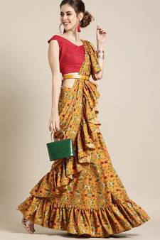 Mustard Yellow Floral Printed Crepe Ruffled Saree With Blouse