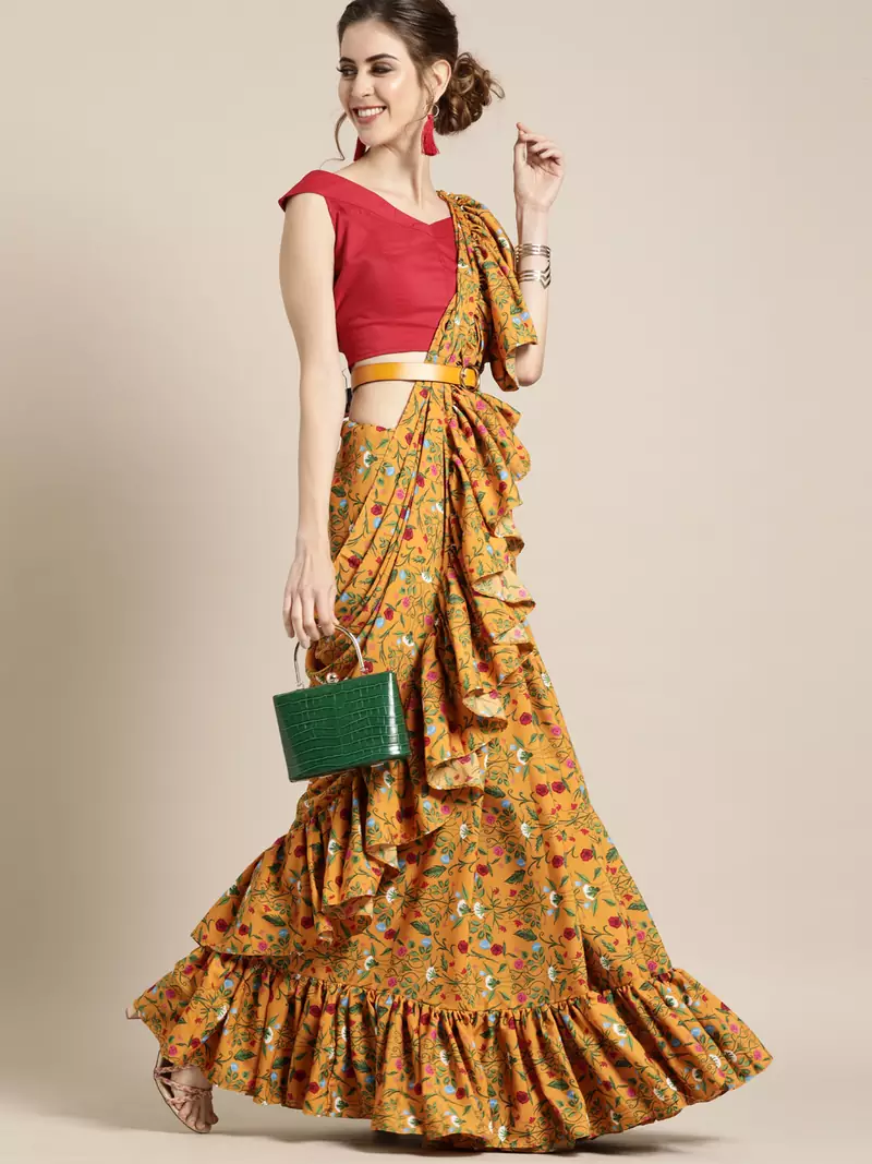 Mustard Yellow Floral Printed Crepe Ruffled Saree With Blouse