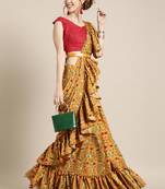 Mustard Yellow Floral Printed Crepe Ruffled Saree With Blouse