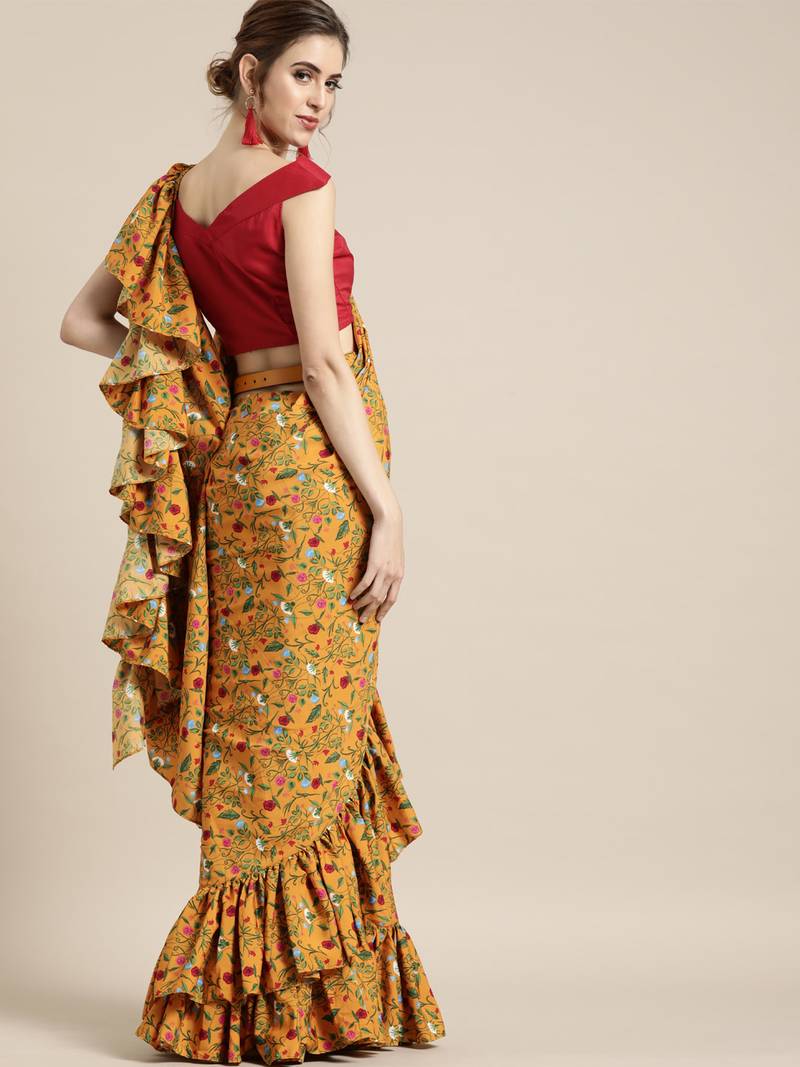 Mustard Yellow Floral Printed Crepe Ruffled Saree With Blouse