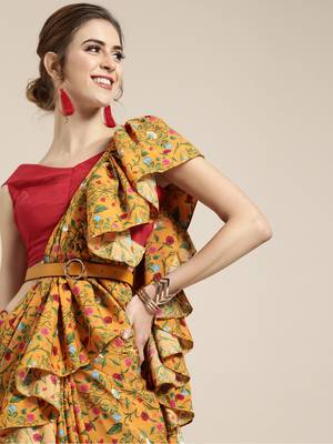 Mustard Yellow Floral Printed Crepe Ruffled Saree With Blouse 3