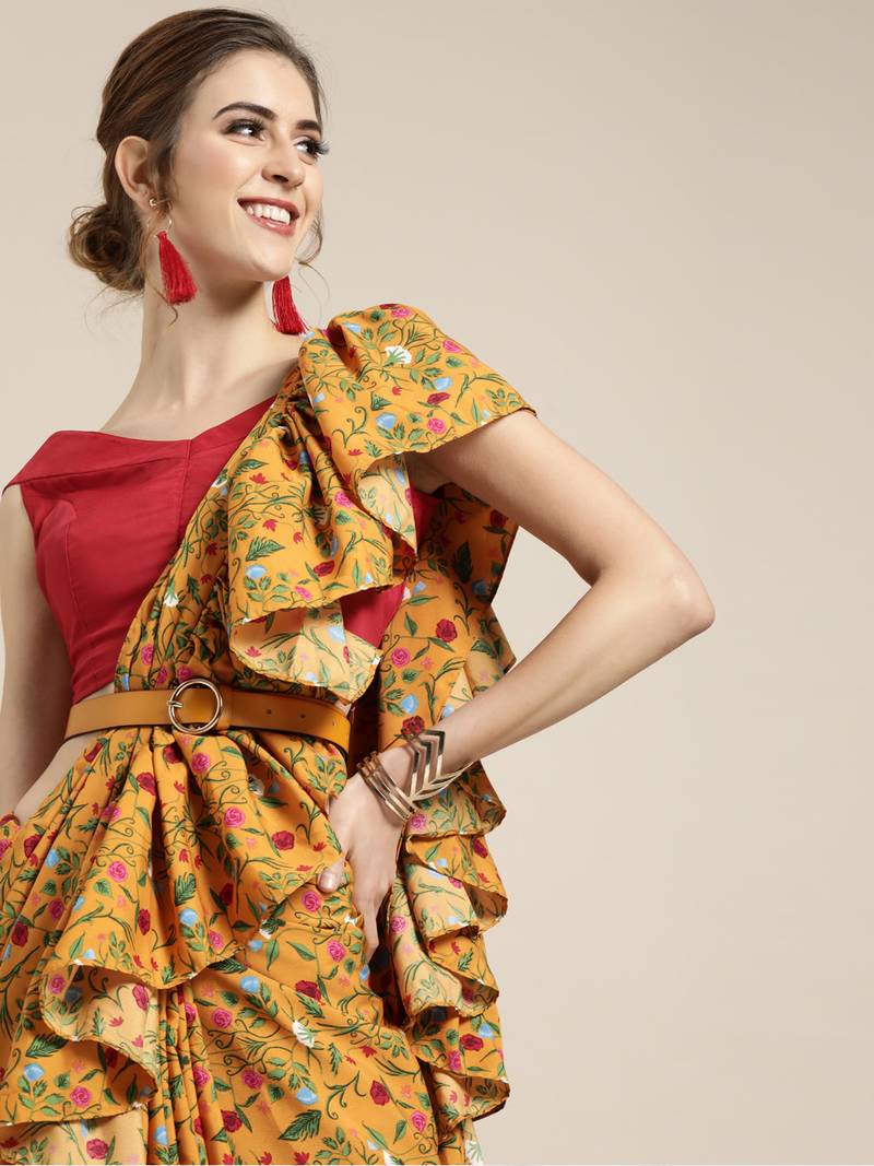 Mustard Yellow Floral Printed Crepe Ruffled Saree With Blouse