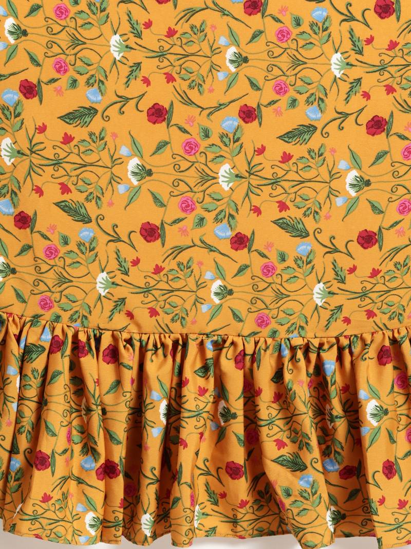 Mustard Yellow Floral Printed Crepe Ruffled Saree With Blouse