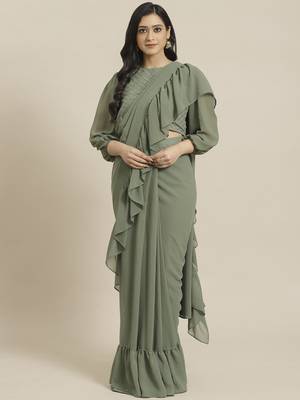 Sage Green Solid Georgette Ruffled One Minute Saree With Blouse 1