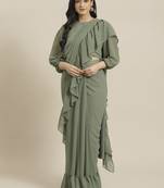 Sage Green Solid Georgette Ruffled One Minute Saree With Blouse