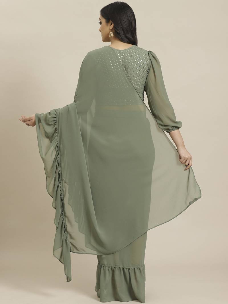 Sage Green Solid Georgette Ruffled One Minute Saree With Blouse