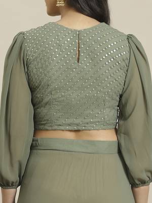 Sage Green Solid Georgette Ruffled One Minute Saree With Blouse 3