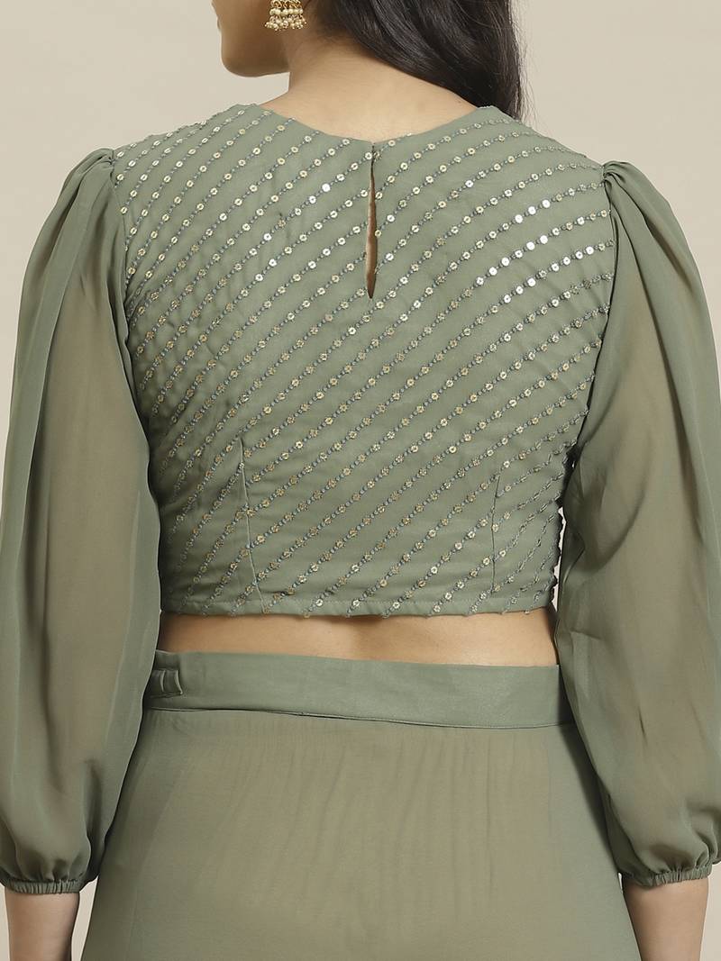 Sage Green Solid Georgette Ruffled One Minute Saree With Blouse