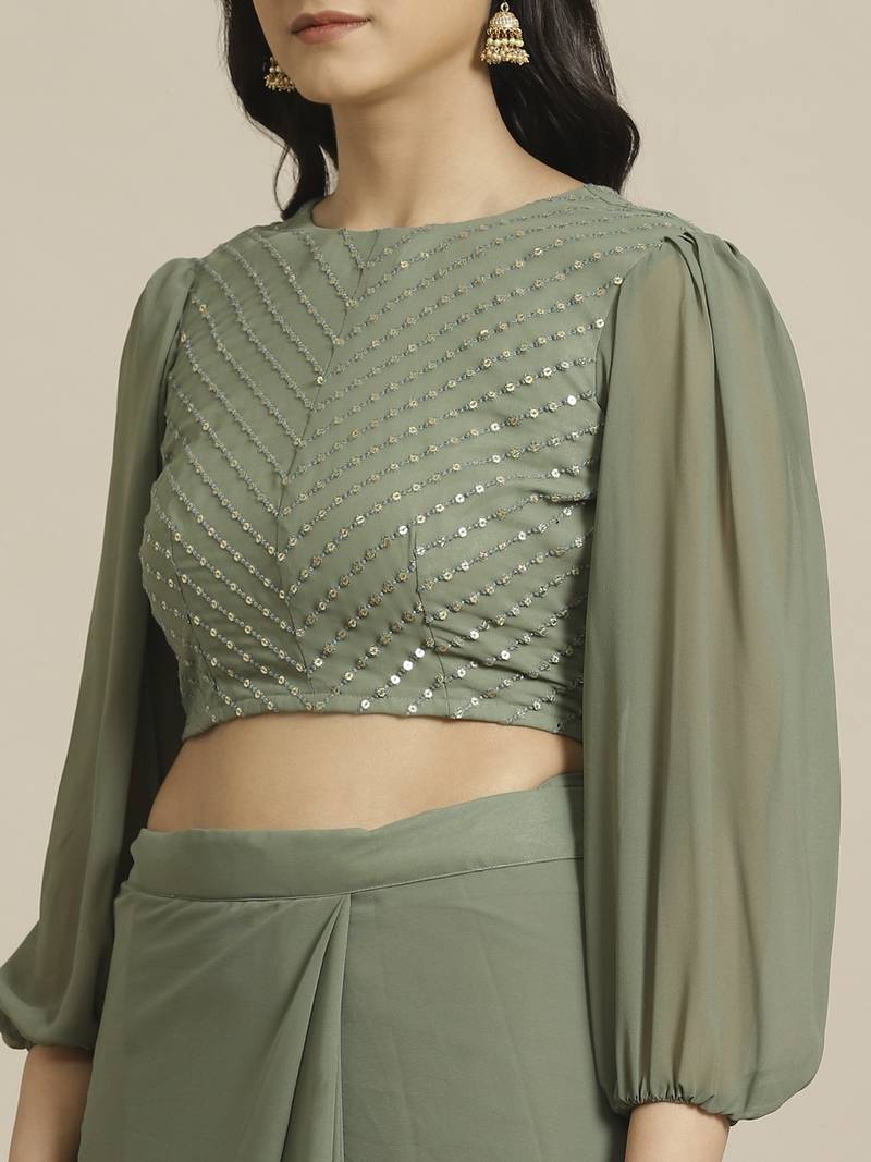 Sage Green Solid Georgette Ruffled One Minute Saree With Blouse