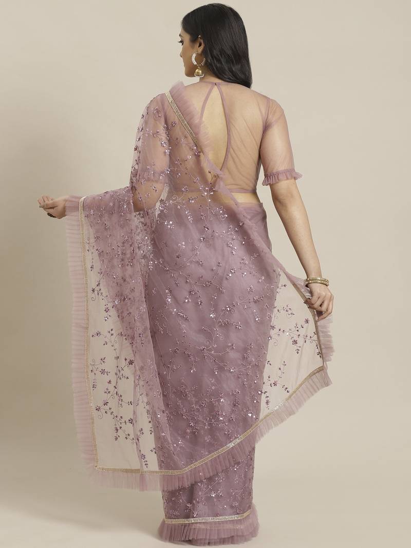 Mustard Yellow Embroidered Net Ruffled Saree With Blouse