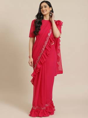 Pink Solid Poly Georgette Ruffled Saree With Bloue 1