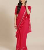 Pink Solid Poly Georgette Ruffled Saree With Bloue