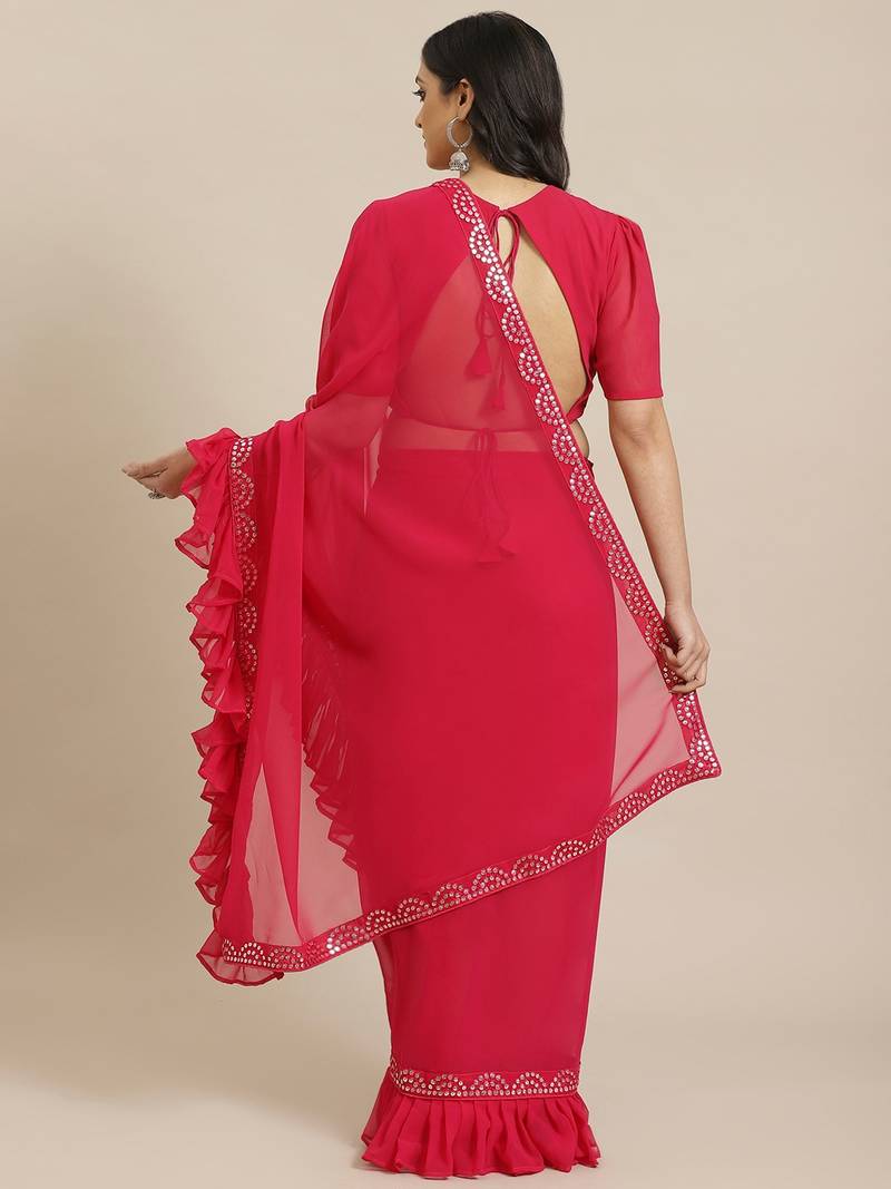 Pink Solid Poly Georgette Ruffled Saree With Bloue