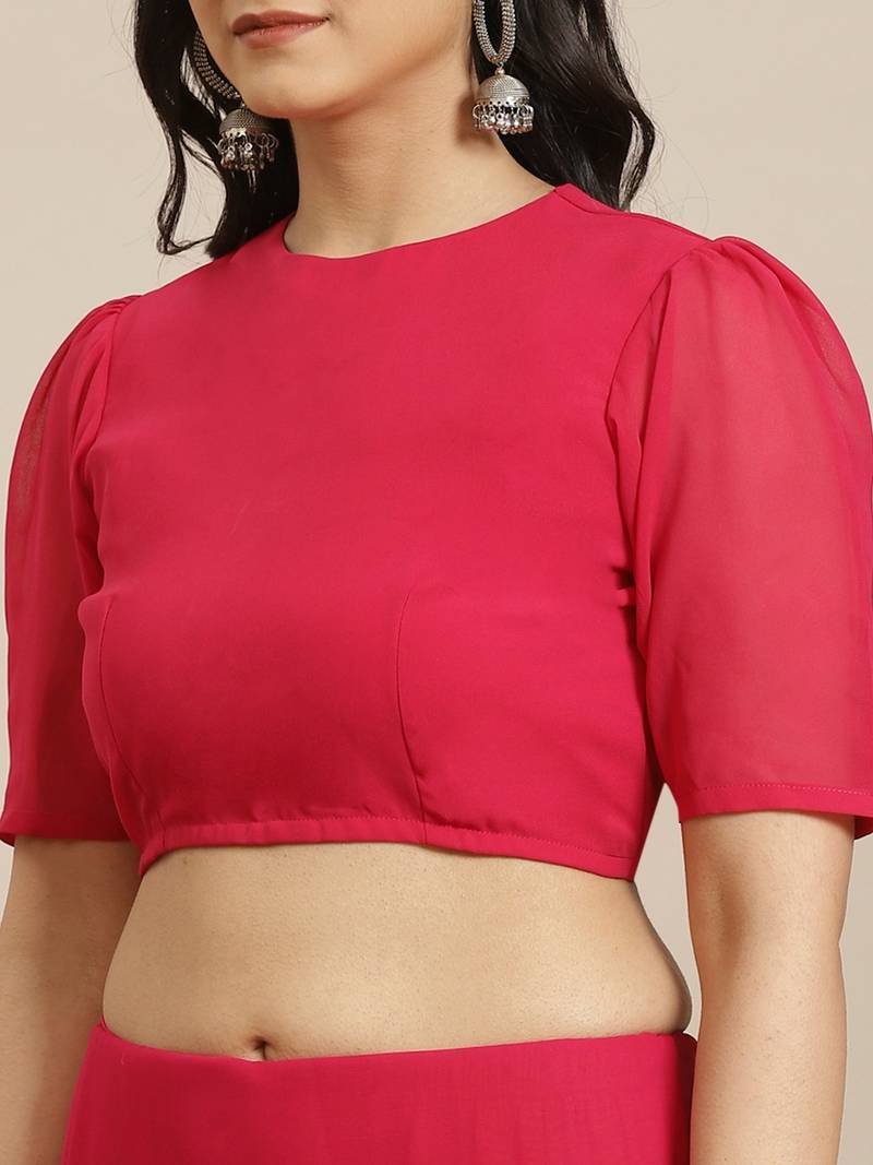 Pink Solid Poly Georgette Ruffled Saree With Bloue