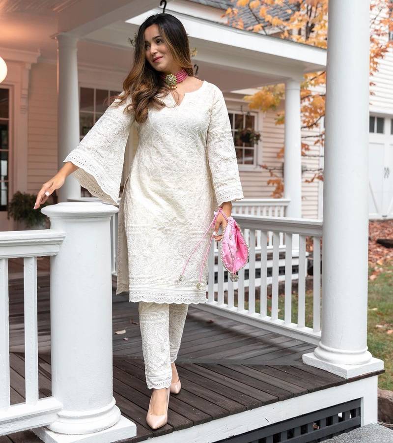 Cotton embroidered chiken work kurti pant
