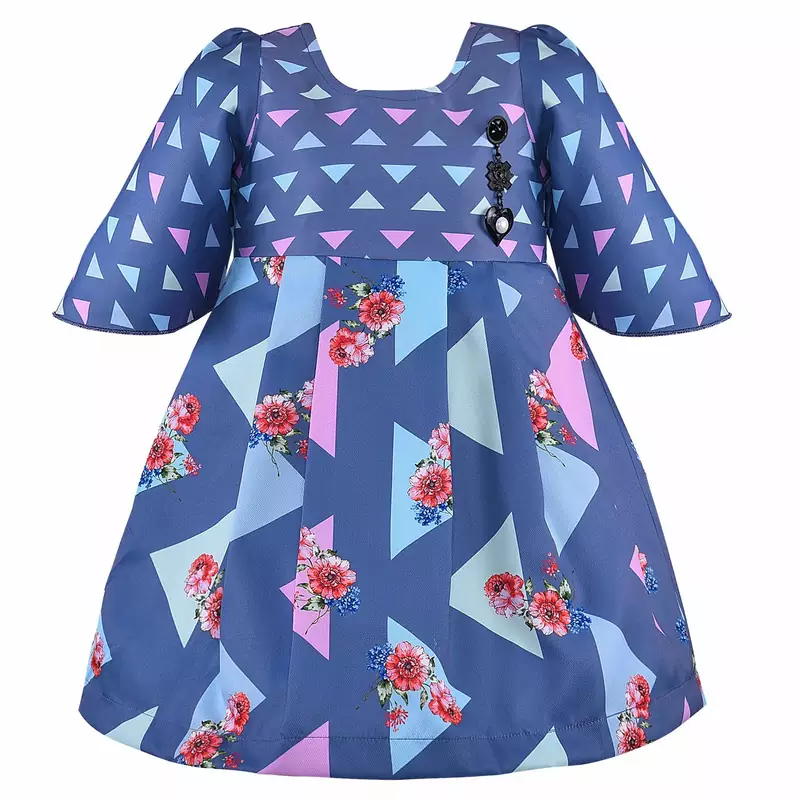 Blue printed polyester kids-frocks